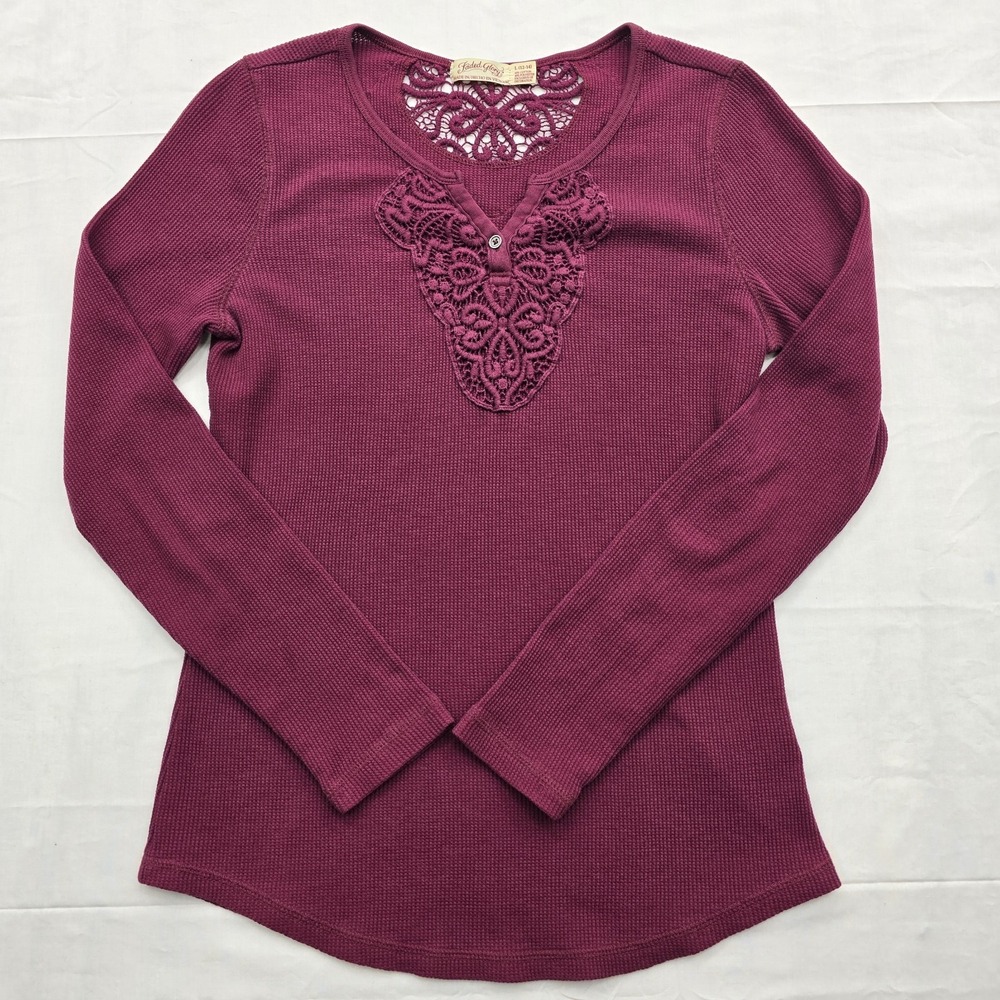Faded Glory Womens L 12-14 Y2K Burgundy Crochet Lace Waffle Knit Henley Top